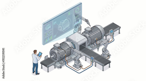Isometric Smart Factory Automation with Industrial Robotic Arms and Engineer Monitoring Electric Motor Production via Digital Twin Interface for Industry 4.0 Manufacturing