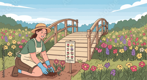 Woman in straw hat and apron tending to a small plant in a vibrant flower garden.