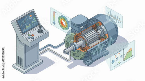 Isometric Illustration of an Industrial Electric Motor with Digital Control Panel and Predictive Maintenance Data for Smart Manufacturing and Industry 4.0 Applications