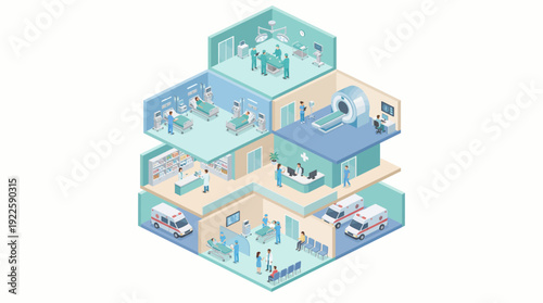 Isometric Hospital Interior with Medical Departments, Operating Room, MRI Scan, Patient Ward and Pharmacy, Professional Healthcare Services and Medical Staff Illustration