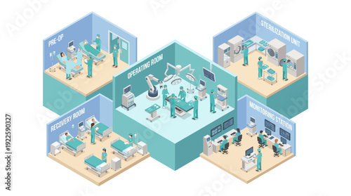 Isometric Hospital Surgery Department and Medical Facility Layout with Operating Room, Pre-Op, and Recovery. Professional Healthcare Infrastructure and Advanced Surgical Technology Vector.