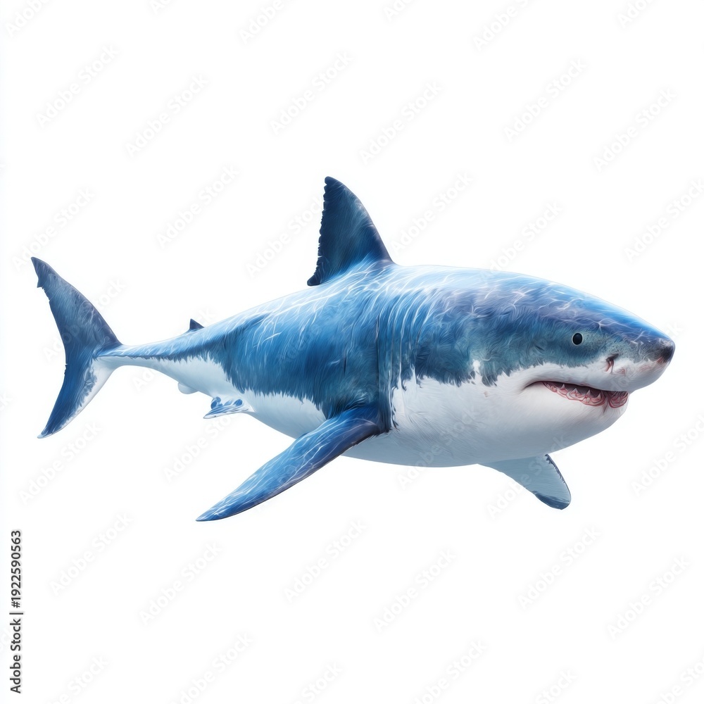 Fototapeta premium Majestic Great White Shark Swimming Gracefully in Ocean Water with Clear Blue Background
