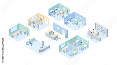 Isometric Hospital Interior Design with Medical Clinic Rooms, Patient Wards, Surgery Suite, and Pharmacy for Healthcare Management and Professional Infographics