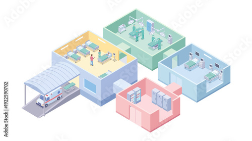 Isometric Hospital Building Interior Layout with Operating Room, Patient Ward, Intensive Care Unit, and Ambulance Entrance. Professional Healthcare and Medical Facility Infographic Vector.