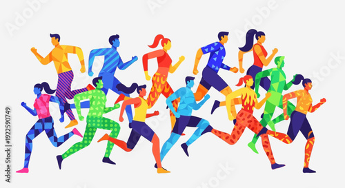 Diverse group of colorful runners in mid-stride during a dynamic race event