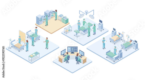 Isometric Hospital Interior Set with Medical Staff, Operating Room, Patient Ward, and Diagnostic Center. Healthcare Management and Surgery Illustration for Infographics and Presentations.