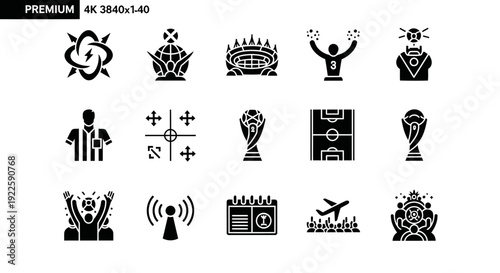 Minimalist black silhouette illustration showing a set of twelve original football-themed concept icons in one frame. The design uses abstract symbolism to express match energy, global celebration