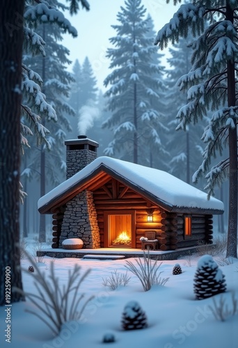 Wallpaper Mural Enchanting Log Cabin in Snowy Pine Forest with Cozy Stone Chimney Burning Warmth Torontodigital.ca