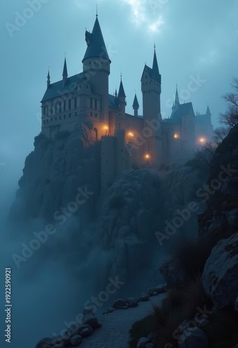 Wallpaper Mural Enigmatic Ancient Castle Perched on Misty Mountain Peak Bathed in Ethereal Clouds Torontodigital.ca