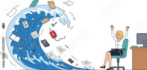businesswoman overwhelmed by paperwork wave, office stress concept illustration, corporate workload chaos cartoon flat vector isolated business crisis scene design