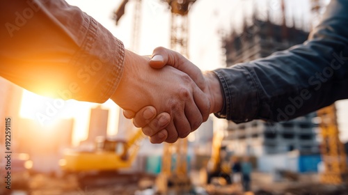 Two individuals shake hands on a construction site during sunset, symbolizing a successful partnership in the building industry