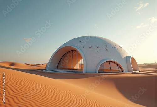 Wallpaper Mural Futuristic Desert Dome Featuring Sustainable Cooling Mechanism and Skylight Against Expansive Sand Dunes Torontodigital.ca