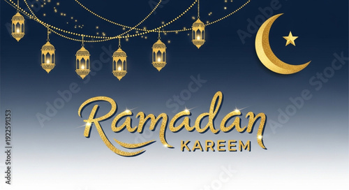 Ramadan Kareem Islamic Holiday Greeting with Crescent Moon and Lanterns.