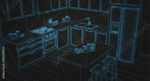 Wireframe kitchen interior design with appliances and cabinets.