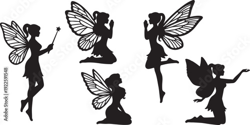 Beautiful fairy side view silhouette black filled vector Illustration icon set.