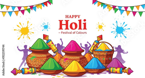 Happy Holi Festival India Graphic – Gulal Powders, Pichkaris, Dancing Silhouettes, and Festive Flags
