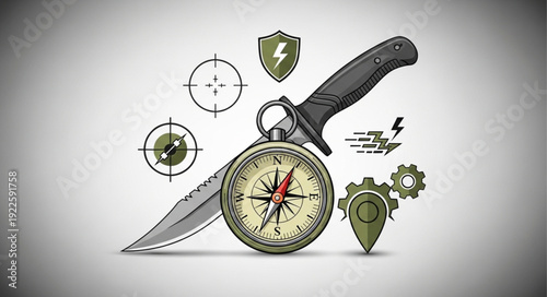 Tactical knife and compass with military icons.