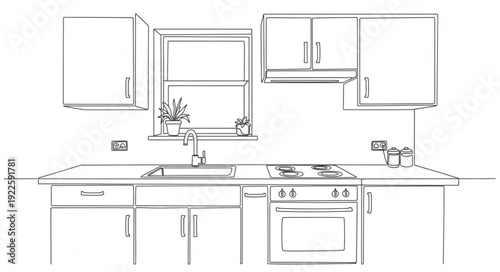 Sketch of a modern kitchen interior design with cabinets and appliances.