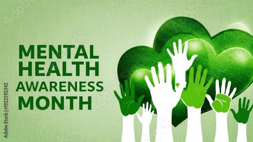 Mental health awareness month green background with hands and hearts