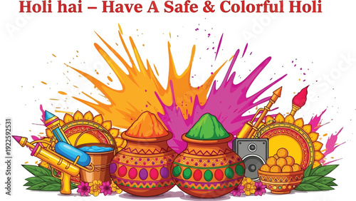 Happy Holi Festival India Graphic – Clay Pots with Gulal, Pichkaris, Dhol, Sweets, and Colorful Splashes