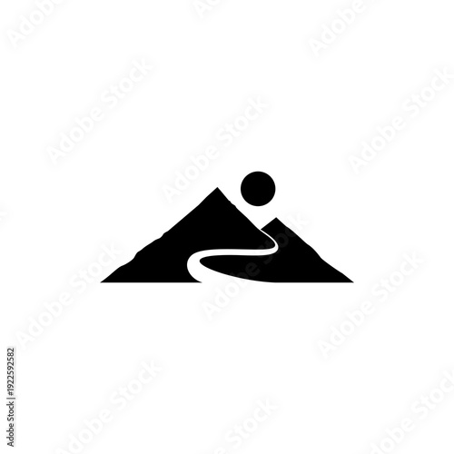 Minimalist mountain and sun logo design with a winding path.