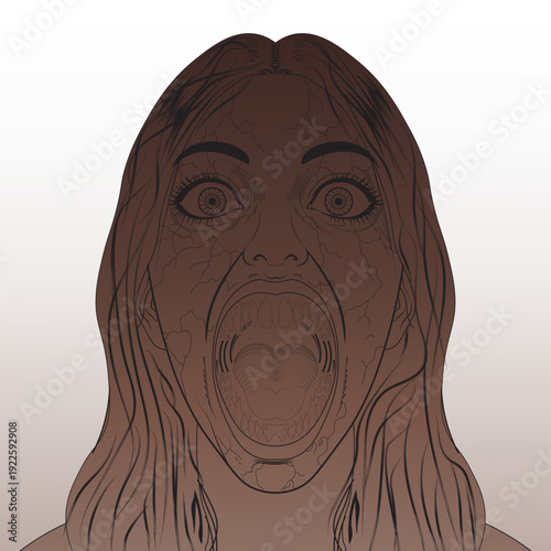 Horror Illustration of Screaming Woman with Monstrous Mouth and Cracked Skin