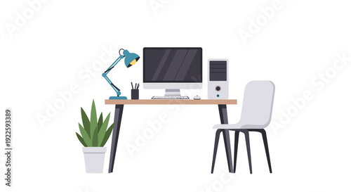 Modern flat design illustration of a home office workspace with computer, desk, and chair, ideal for remote work concepts