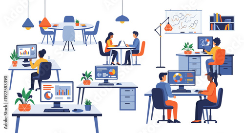 Modern office illustration diverse teams collaborating and working productively, symbolizing contemporary business operations and a thriving work culture