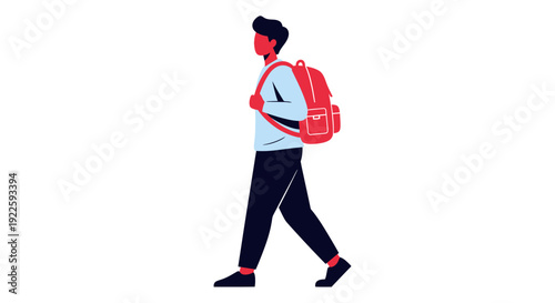 Young man with a backpack walking, modern flat illustration