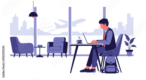 Man Working Remotely on Laptop in Modern Airport Lounge with Airplane Outside Window
