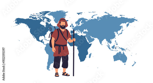 A lone traveler with a backpack and staff stands before a stylized world map, symbolizing global exploration and journeys