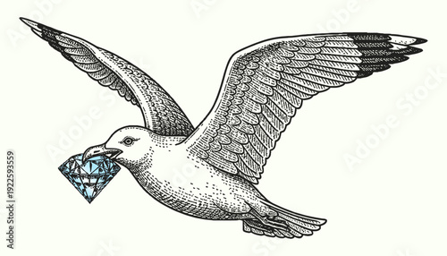 Seagull flying with a large blue diamond in its beak, vintage engraving illustration
