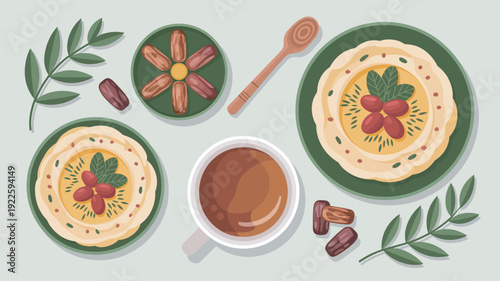 A vibrant and healthy breakfast spread with pancakes and tea