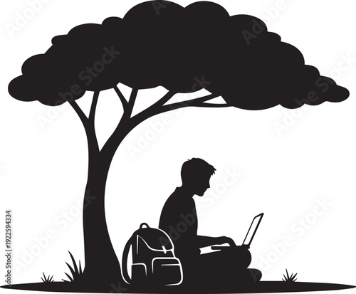 Student Using Laptop Under Tree Silhouette Illustration