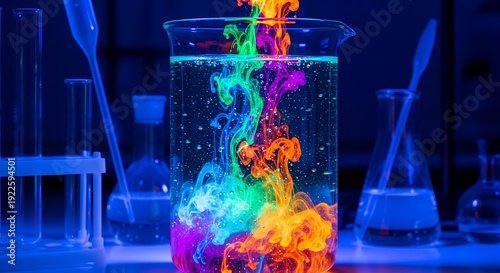 Colorful liquids mixing in beaker with test tubes and flasks in blue laboratory lighting