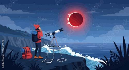 Person observing a celestial event with a telescope.