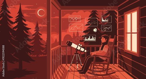 Person observing celestial objects through a telescope from a cabin porch.
