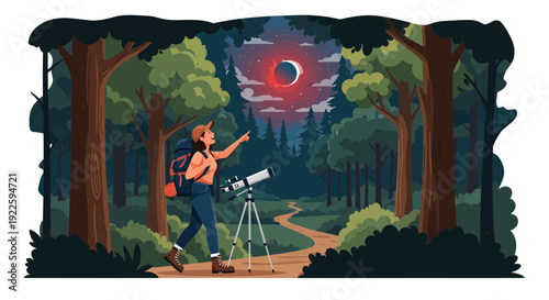 Woman observing a lunar eclipse with a telescope.