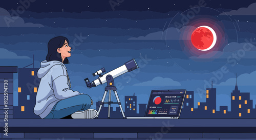 Woman observing a red moon with a telescope.