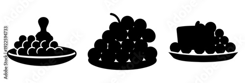 Three depictions of food items containing small round shapes on plates or bowls