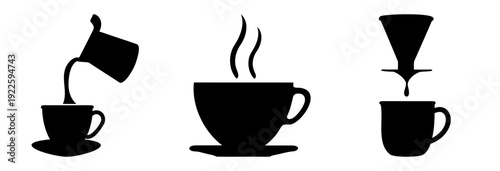 Black Silhouette Illustration of Coffee Brewing Methods on White Background Simple Art