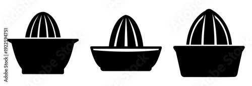 Three distinct silhouettes of manual citrus juicers against a white background