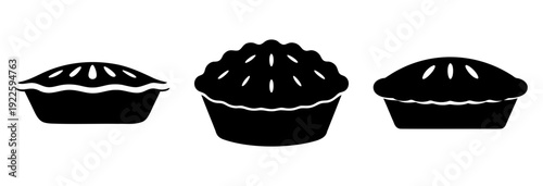 Three black and white stylized illustration of three different pies, side by side