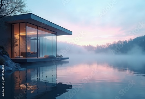 Contemporary Glass Structure Overlooking Shimmering Lake at Dawn with Mist and Reflections