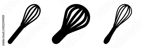 Three Black Whisk Silhouettes Against White Background for Culinary Use