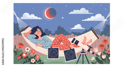 Woman relaxing in hammock observing lunar eclipse with telescope.