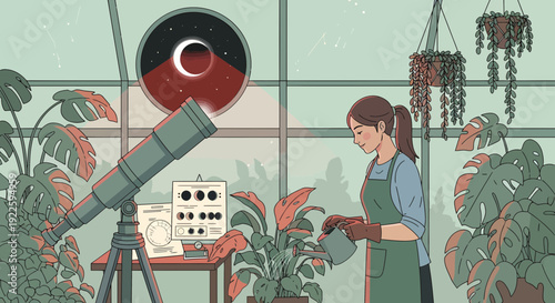 Woman watering plants in a greenhouse with a telescope and solar eclipse.