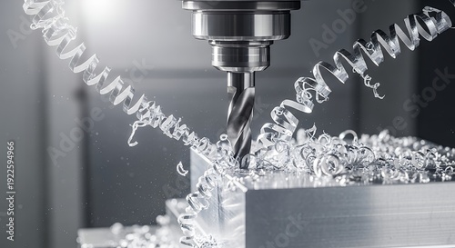 Metalworking Drill Bit Machining Aluminum Block Creating Swarf Close-up