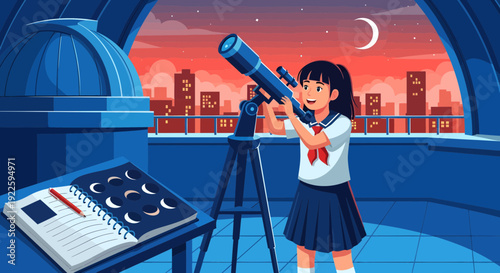 Young girl in school uniform observing the night sky with a telescope.