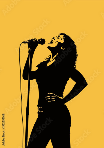 Vector Illustration of Central Silhouetted Woman Singing with Mic Stand Against Yellow Backdrop
